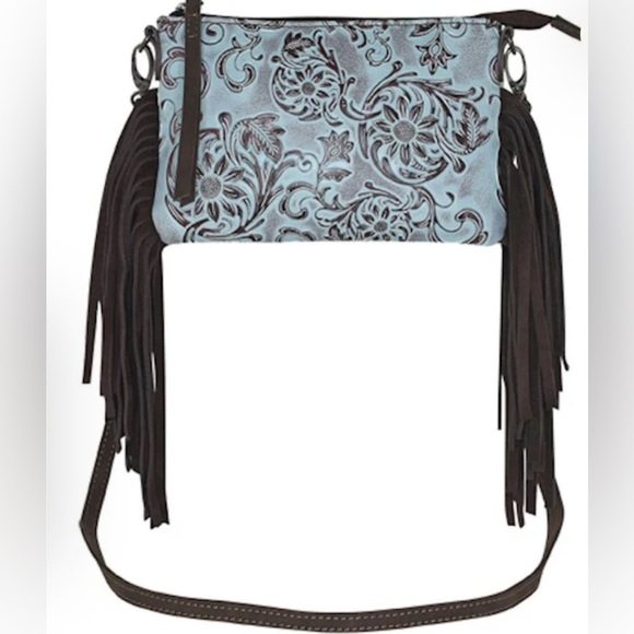 Justin Suede Look Fringe Tooled Sunflower,zip top,adjust/removable strap,pockets - Picture 10 of 10